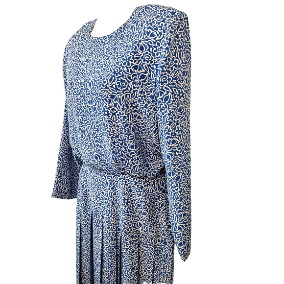 Talbots Dress Blue Floral Dropwaist Pleated Midi Long Sleeves Button Back 12 - Picture 7 of 14